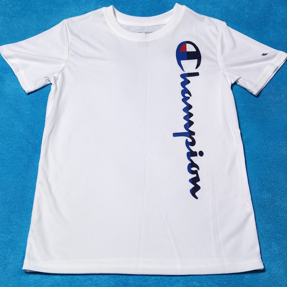 Children's Champion White T-Shirt with Blue Logo
